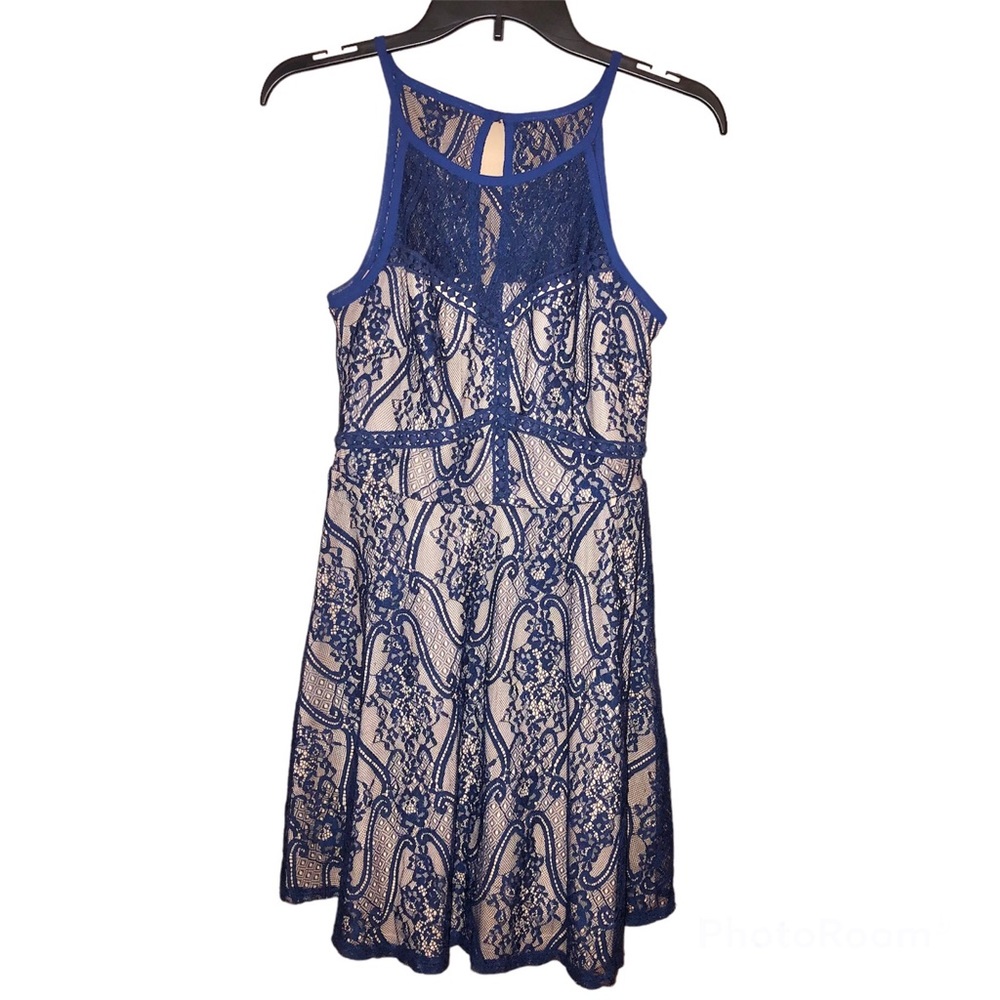 Francesca’s‎ Lace High Neck Sheer Panel Dress Blue Nude Medium